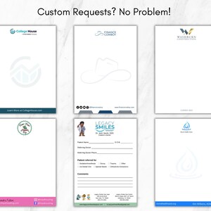 May include: A collection of six white letterhead templates featuring various business logos and contact information, including College House, Finance Cowboy, Washburn Construction, and Legacy Smiles, with the text Custom Requests? No Problem!