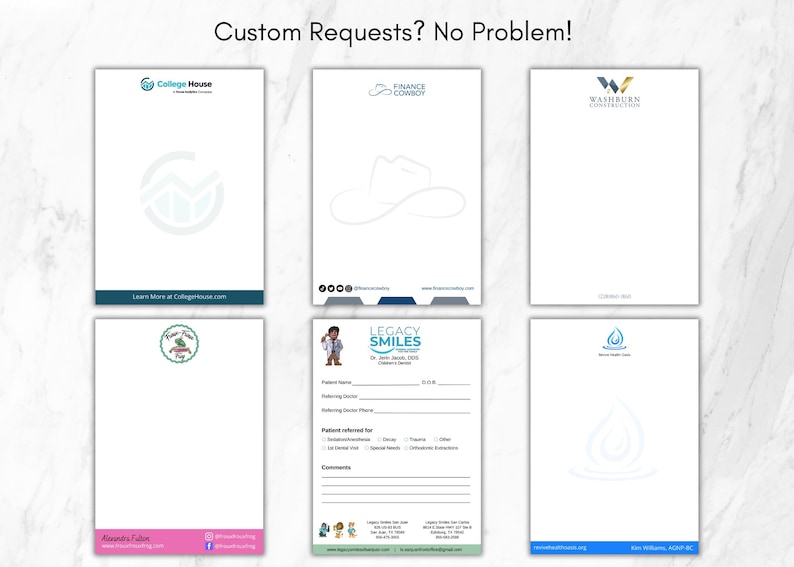 May include: A collection of six white letterhead templates featuring various business logos and contact information, including College House, Finance Cowboy, Washburn Construction, and Legacy Smiles, with the text Custom Requests? No Problem!