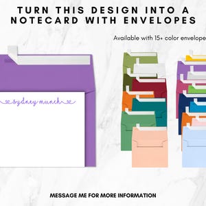 May include: A white rectangular notecard with the purple text "sydney munch" flanked by two small heart icons, displayed in front of a purple envelope. To the right, a collection of envelopes in over 15 different colours is shown.