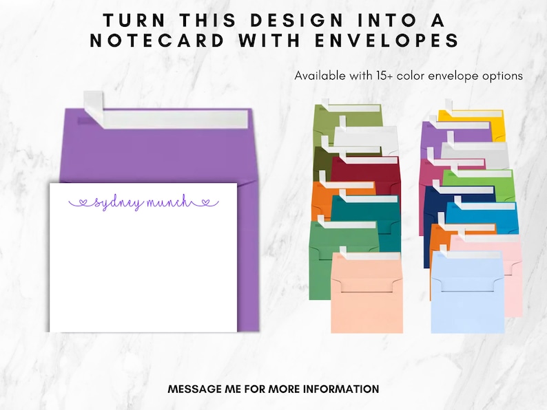 May include: A white rectangular notecard with the purple text "sydney munch" flanked by two small heart icons, displayed in front of a purple envelope. To the right, a collection of envelopes in over 15 different colours is shown.