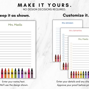 May include: White notepads with lined pages and colorful crayon illustrations at the bottom. The text "MAKE IT YOURS" and "Customize it" are at the top. The text "Enter your name/text. We'll use the design shown" is at the bottom.