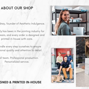 May include: An informational graphic titled ABOUT OUR SHOP featuring text about Aesthetic Indulgence, a family-owned printing business. It includes three photographs showing a person in a workspace, a group of three people with a dog, and a person stacking paper.