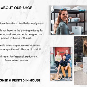 May include: An informational graphic titled ABOUT OUR SHOP with text describing a family-owned printing business. It includes three photographs: a woman in a workspace, a group of three people with a dog, and a person stacking white paper products.