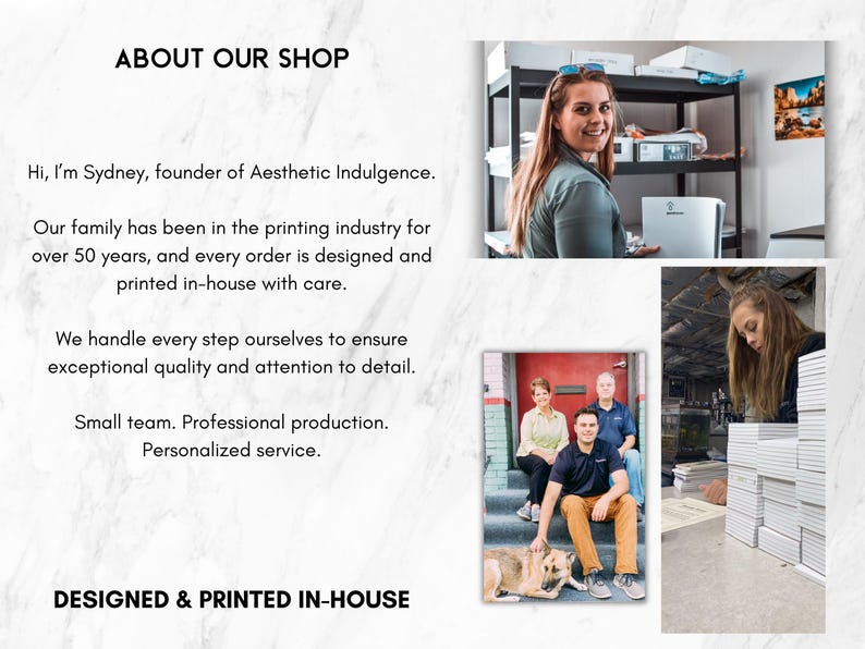 May include: An informational graphic titled ABOUT OUR SHOP with text describing a family-owned printing business. It includes three photographs: a woman in a workspace, a group of three people with a dog, and a person stacking white paper products.