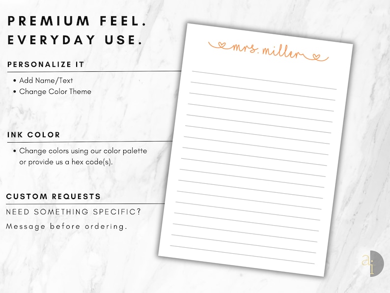 May include: A white notepad with horizontal black lines and the text mrs. miller in orange cursive script with heart accents at the top. The image includes text about personalisation options, ink colour choices, and custom request instructions.