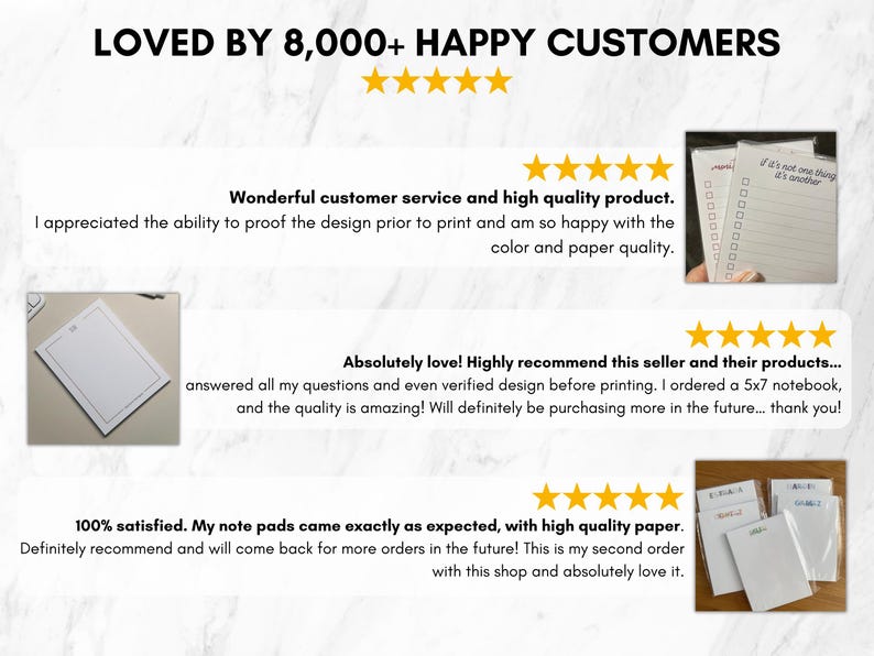 May include: A graphic display featuring the text LOVED BY 8,000+ HAPPY CUSTOMERS with five yellow stars. It includes three customer reviews with five-star ratings, showcasing images of personalized note pads and a 5x7 notebook with lined paper.