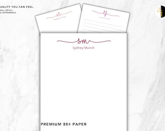 May include: Three white stationery sheets featuring personalized monograms and names in dark pink script. The top sheets display the initials st and lf, while the larger bottom sheet features the initials sm and the name Sydney Munch.