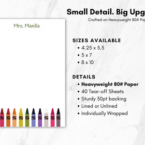 May include: White notepad with the text "Mrs. Manilla" in green. The notepad has a colorful crayon design at the bottom. The text "Small Detail. Big Upgrade" is at the top. Available sizes are 4.25 x 5.5, 5 x 7, and 8 x 10 inches.