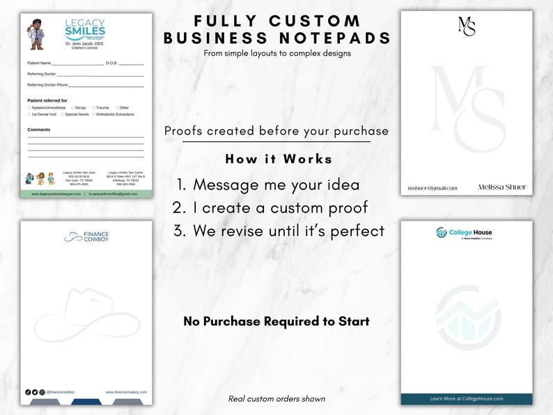 May include: Four examples of custom business notepads featuring various branding designs. The text reads: FULLY CUSTOM BUSINESS NOTEPADS, From simple layouts to complex designs, Proofs created before your purchase, How it Works, 1. Message me your idea, 2. I create a custom proof, 3. We revise until it's perfect, No Purchase Required to Start, Real custom orders shown.