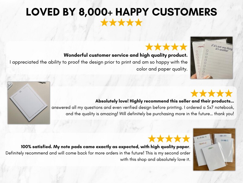 May include: Image of customer reviews for a shop. The text reads "LOVED BY 8,000+ HAPPY CUSTOMERS." The reviews mention high-quality products, customer service, and satisfaction. The image includes notebooks and notepads.