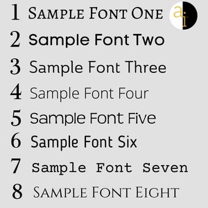 May include: A list of eight numbered font samples on a light gray background. Each line displays a number from one to eight followed by the text Sample Font and the corresponding number written out in various black typefaces and styles.