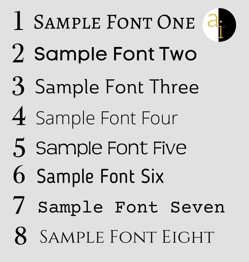 May include: A list of eight numbered font samples on a light gray background. Each line displays a number from one to eight followed by the text Sample Font and the corresponding number written out in various black typefaces and styles.