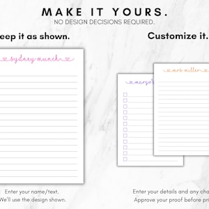 May include: Personalised stationery pads with horizontal lines and custom names in cursive script. The left pad shows 'sydney munch' in pink, while the right pads show 'margo's' in purple and 'mrs miller' in orange. Text includes 'MAKE IT YOURS.'