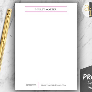 May include: A gold pen rests beside a white notepad with the name "HAILEY WALTER" in pink. The notepad also includes a phone number and email address. A "PROOF" stamp is visible in the bottom right corner.