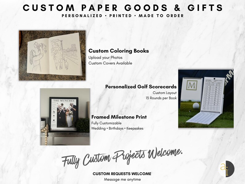 May include: An advertisement for custom paper goods and gifts. The image showcases a custom coloring book, personalized golf scorecards, and a framed milestone print. Text includes "Custom Coloring Books", "Personalized Golf Scorecards", and "Framed Milestone Print".