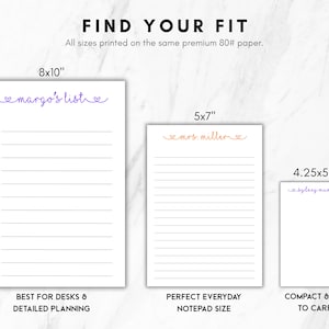 May include: Three white paper notepads in sizes 8x10 inches, 5x7 inches, and 4.25x5.5 inches. The 8x10 notepad features a purple header reading margo's list with checkboxes and lines. The 5x7 notepad has an orange header reading mrs. miller with lines.