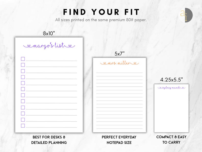 May include: Three white paper notepads in sizes 8x10 inches, 5x7 inches, and 4.25x5.5 inches. The 8x10 notepad features a purple header reading margo's list with checkboxes and lines. The 5x7 notepad has an orange header reading mrs. miller with lines.