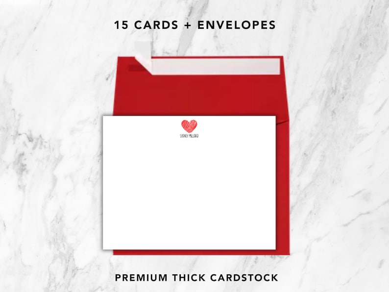 Red Heart Note Card Personalized Heart Note Cards With Envelopes | Custom Name Stationery ...