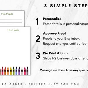 May include: Two white notepads with the name "Mrs. Manilla" printed at the top. The bottom of the notepads are decorated with a row of colorful crayons. The image also includes the text "3 SIMPLE STEPS".
