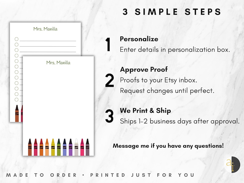 May include: Two white notepads with the name "Mrs. Manilla" printed at the top. The bottom of the notepads are decorated with a row of colorful crayons. The image also includes the text "3 SIMPLE STEPS".