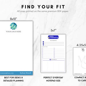 May include: Three white paper notepads in sizes 8x10 inches, 5x7 inches, and 4.25x5.5 inches. The 8x10 notepad features a blue logo and contact info. The 5x7 notepad includes a task list and Para Marketing logo. The 4.25x5.5 notepad displays the initials MS.