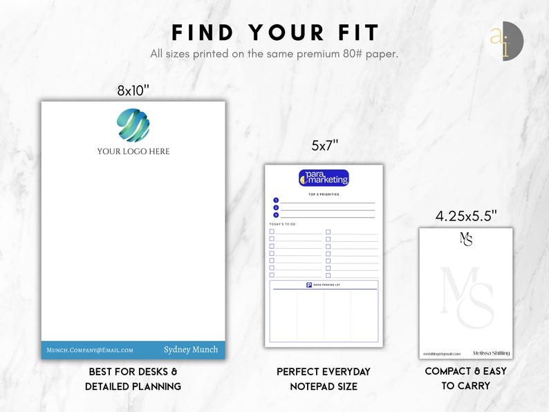 May include: Three white paper notepads in sizes 8x10 inches, 5x7 inches, and 4.25x5.5 inches. The 8x10 notepad features a blue logo and contact info. The 5x7 notepad includes a task list and Para Marketing logo. The 4.25x5.5 notepad displays the initials MS.