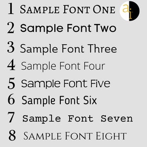 May include: A graphic showcasing eight different font styles, each numbered and labeled with "Sample Font" followed by a number or word. The fonts vary in style, from serif to sans-serif. A logo with a black and white circle and the letters "ai" is in the upper right corner.