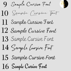 May include: A light gray background displays a series of cursive font samples, numbered 9 through 16. Each line showcases a different style of the phrase "Sample Cursive Font" in black lettering. A logo is in the upper right corner.