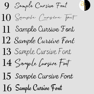 May include: A list of eight numbered rows from 9 to 16, each displaying the text Sample Cursive Font in a distinct black typeface. A circular logo with the letters ai in gold and white is positioned in the top right corner of the image.