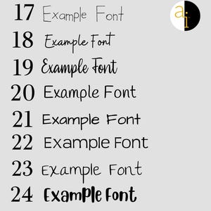 May include: A list of eight numbered rows from 17 to 24, each displaying the text Example Font in a unique black typeface. A circular logo with a white letter a and a black letter i is positioned in the top right corner on a light gray background.