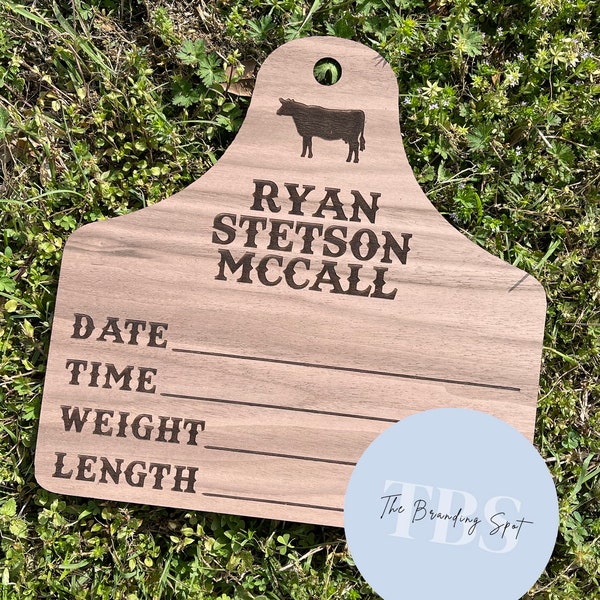 Western Baby Cow Tag Baby Birth Announcement Sign, Birth Stats, Baby Hospital Door Hanger, Cattle Name Sign, Photo Prop, Cow Ear Tag