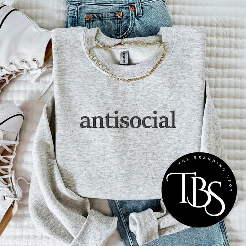 Embroidered Antisocial Crewneck Sweatshirt | Social Butterfly | Sarcastic Minimalist Embroidered Sweatshirt | Anti-Social Gift image 1