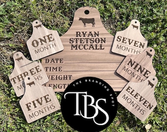 Personalized Cow Tag Milestone and Birth Announcement Sign – Ear Tag Nursery Decor – Monthly Photo Props – Western Baby Gift - Set Options