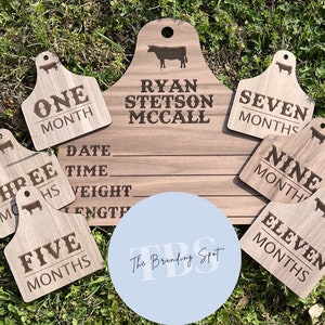 Cow Tag Western Monthly Milestone - Cow Baby Gift-  Birth Announcement Sign - Baby Shower - Ear Tag Gift - Hopsital Sign