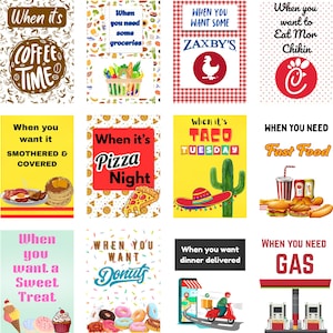 May include: A collage of colorful food-themed signs. The signs advertise coffee, groceries, Zaxby's, Chick-fil-A, smothered food, pizza, tacos, fast food, sweet treats, donuts, dinner delivery, and gas.