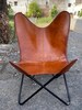 Handmade Leather Living Room Chairs - Butterfly Chair Tan Side Hand Stitch Leather Butterfly Chair - Powder Coated Folding Iron Frame 