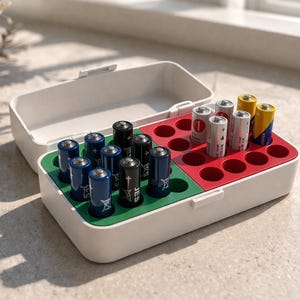 Könnte beinhalten: Ein weißer Batterieträger mit Klappdeckel, der verschiedene AA- und AAA-Batterien enthält. Der Innenraum ist in grüne und rote Abschnitte unterteilt, die jeweils Batteriefächer haben. Einige Batterien sind blau, schwarz, gelb und silber.