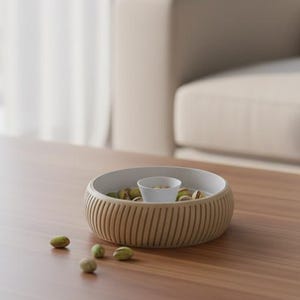 Könnte beinhalten: Ein Holztisch mit einer dekorativen Schale mit Pistazien und einer kleinen weißen Tasse. Die Schale hat ein geripptes Design und eine weiße Innenseite. Im Hintergrund befindet sich ein beiges Sofa.