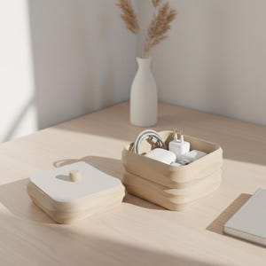 Könnte beinhalten: Eine hellbeige Aufbewahrungsbox mit Deckel und kleinem Holzknopf, neben einer offenen Box mit weißen elektronischen Zubehörteilen und einem grauen Notizbuch. Eine weiße Vase mit getrockneten Pflanzen steht im Hintergrund.