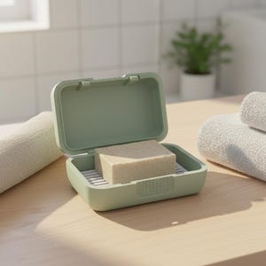 May include: A light green soap dish with an open lid, holding a rectangular bar of soap. A rolled beige towel and two white towels are also on the light wood surface. A small potted plant is in the background.