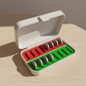 May include: A white rectangular case, open to reveal a red and green interior holding six silver, semi-circular objects. The case is on a light wooden surface. The lid is white and has a latch.