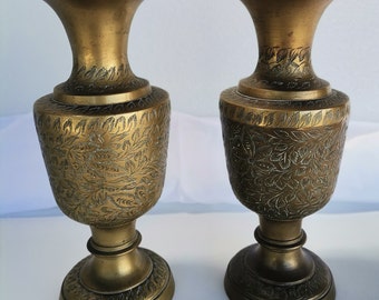 Pair of Indian Brass Etched Vases