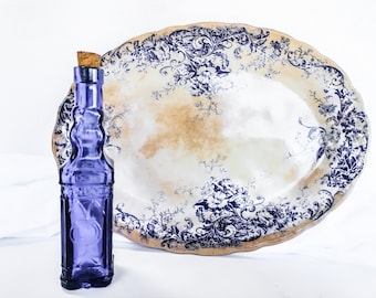 Ironstone Vintage Platter, Cobalt Blue, with Flowers