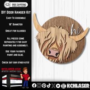 Highland Cow DIY Door Hanger Kit  | Rustic Laser Cut Birch Plywood | Ready to Paint or Stain, 18" Diameter