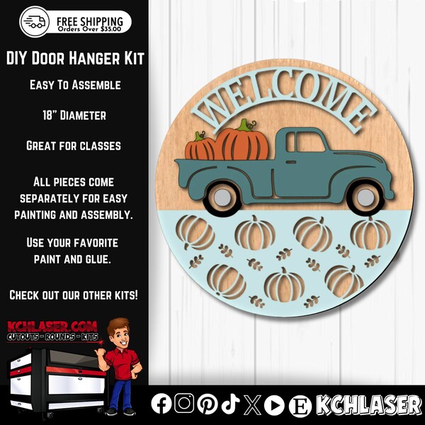 Fall Truck DIY Door Hanger Kit | Autumn Laser Cut Birch Plywood | Ready to Paint or Stain, 18" Diameter