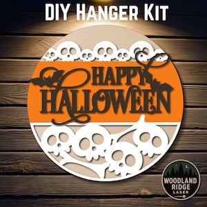 Happy Halloween DIY Door Hanger Kit | Skull Halloween Sign | Laser Cut Wood Craft Kit | DIY Spooky Decor | Unfinished Paint Kit