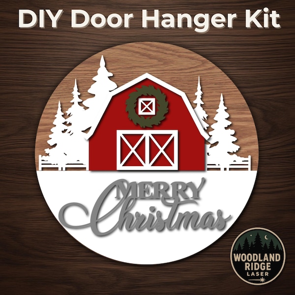 Merry Christmas Barn DIY Door Hanger Kit – Round Unfinished Wood Sign