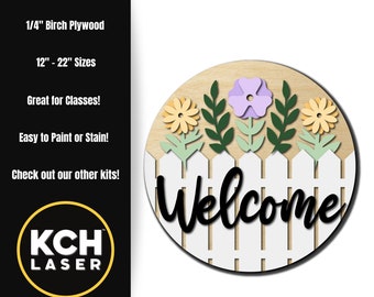 Welcome Floral Fence DIY Door Hanger Kit  | Spring | Laser Cut Birch Plywood | Ready to Paint or Stain