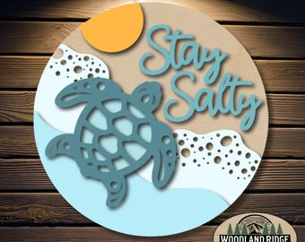 Bleib salzig Schildkröte Türschild | Türschild Sommer | Laser geschnittenes Holz Bastelset | DIY Sommer Dekor | Unfertiges Mal-Kit