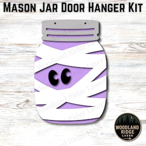 Mummy Mason Jar DIY Door Hanger Kit | Halloween Mummy Sign | Laser Cut Wood Craft Kit | DIY Spooky Decor | Unfinished Paint Kit